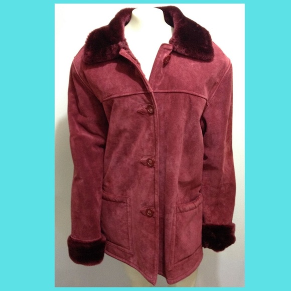 Dennis Basso L Burgundy Faux Shearling Suede Coat